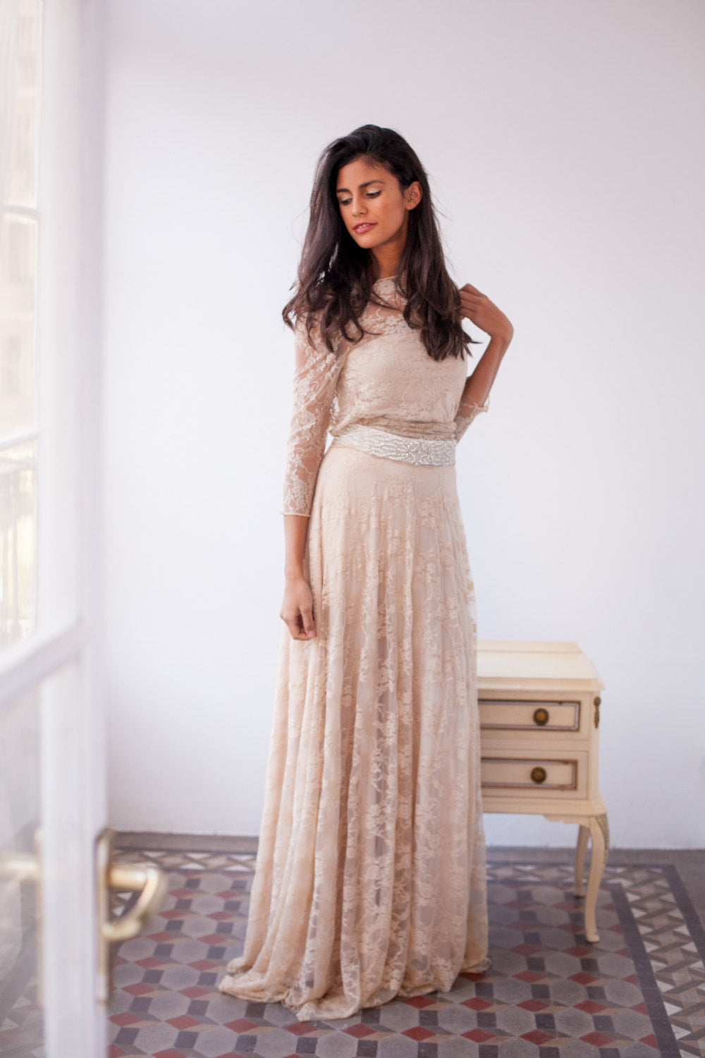 Backless wedding dress, bohemian wedding dress, Long sleeve open back bridal gown, champagne wedding dress, v-shape back wedding