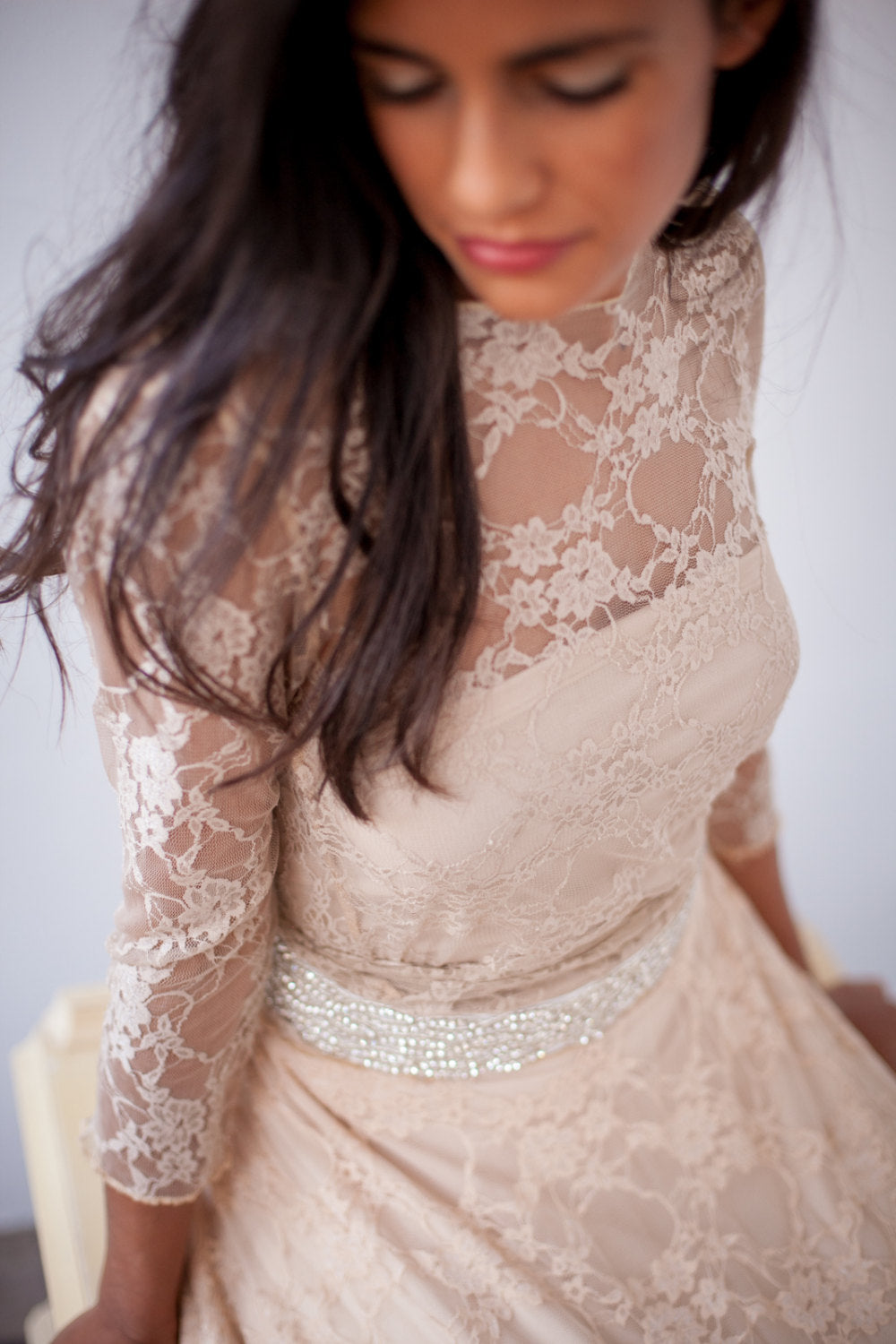 Backless wedding dress, bohemian wedding dress, Long sleeve open back bridal gown, champagne wedding dress, v-shape back wedding