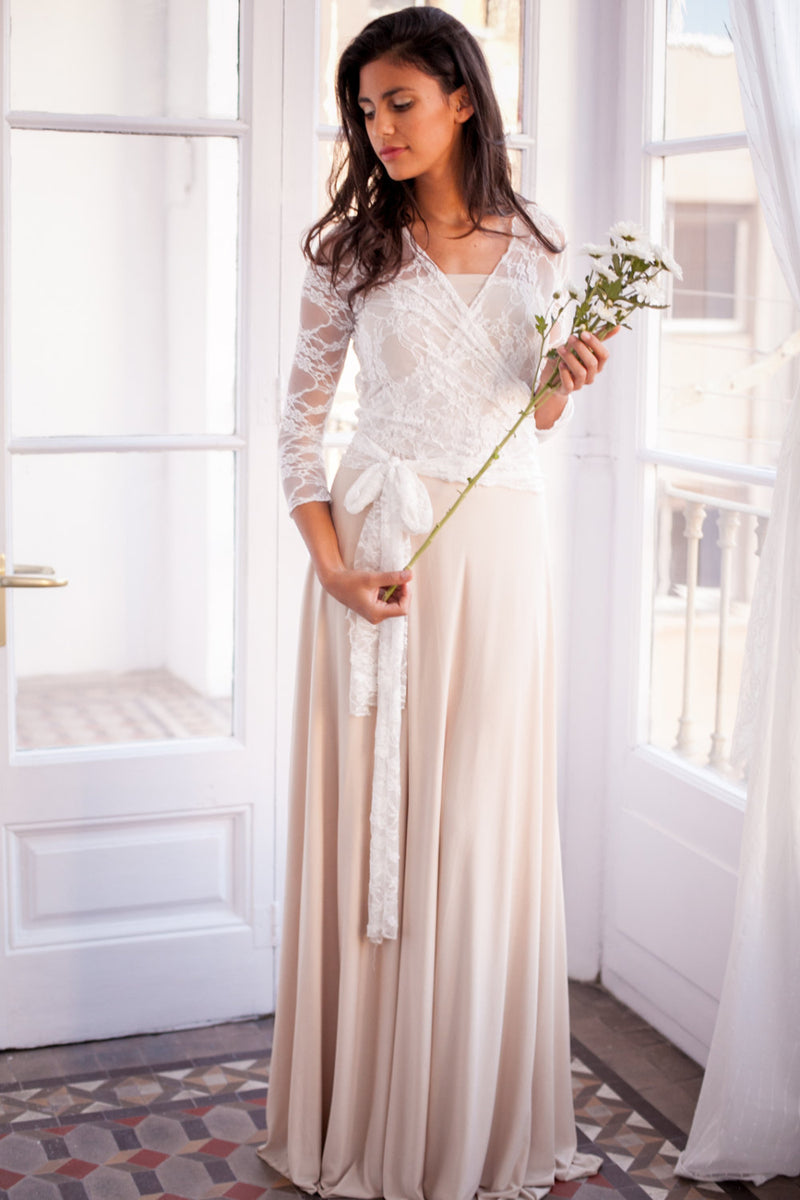 Champagne Wedding Dress with Ivory Lace Bodice Mimetik Champagne Wedding Dress with Ivory Lace Bodice Mimetik
