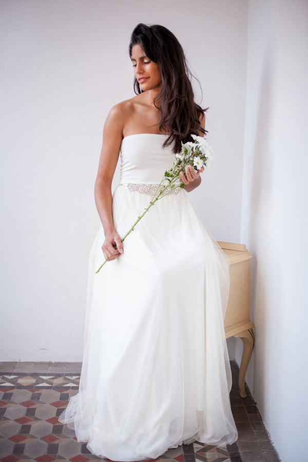 Tulle wedding dress, Two piece tulle dress and crystal sash, Romantic tulle bridal gown, Long tulle skirt, Wedding skirt, Silky