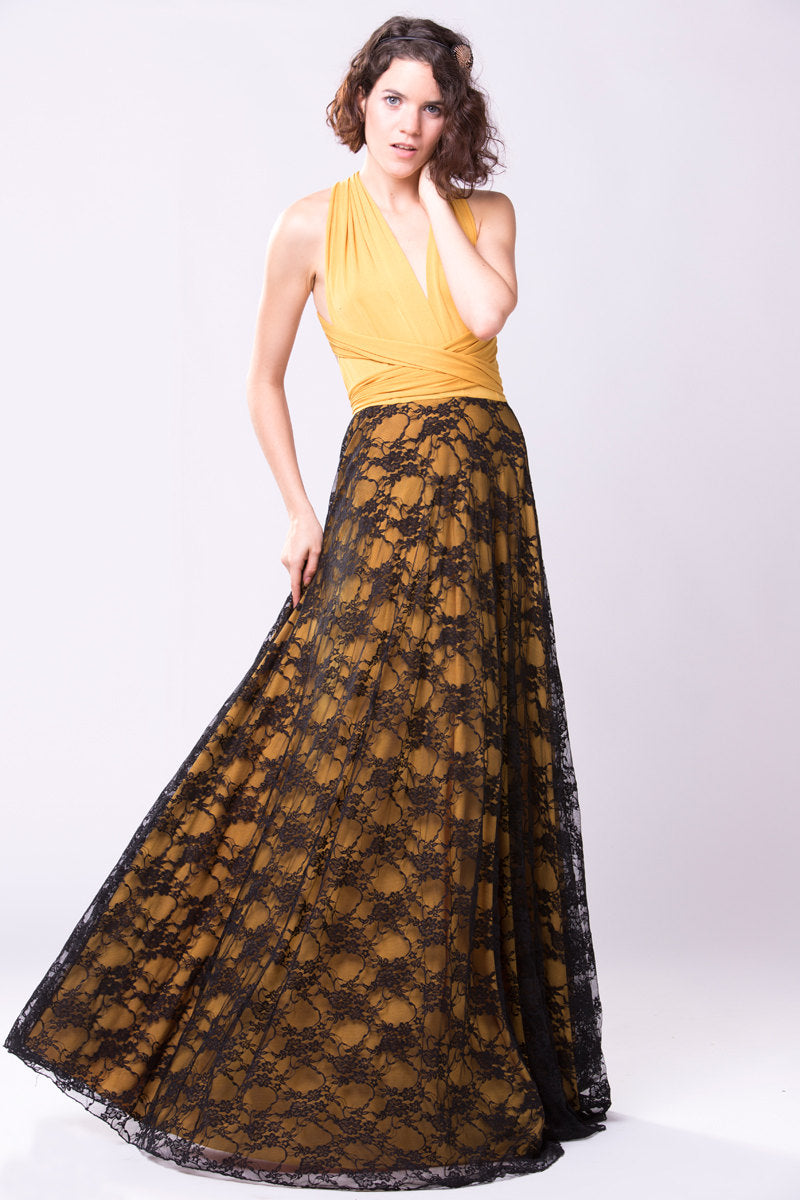 Mustard yellow bridesmaid dress, boho vintage lace dress, great gatsby yellow lace dress, mustard black lace dress, long bridesm