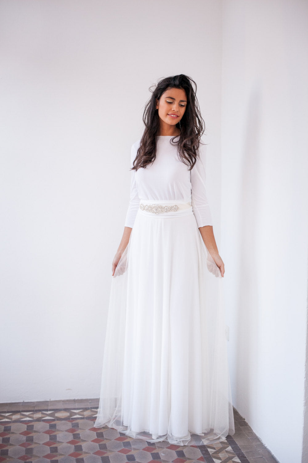 Long sleeve tulle wedding dress, ivory tulle wedding dress, bridal gown, tulle gown, long wedding dress with sleeves, boho weddi