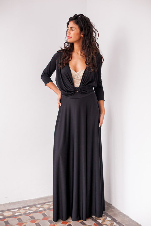 Black maxi dress, wrap dress, long dress, black dress, black long dress, evening dress, long sleeve convertible dress, black max