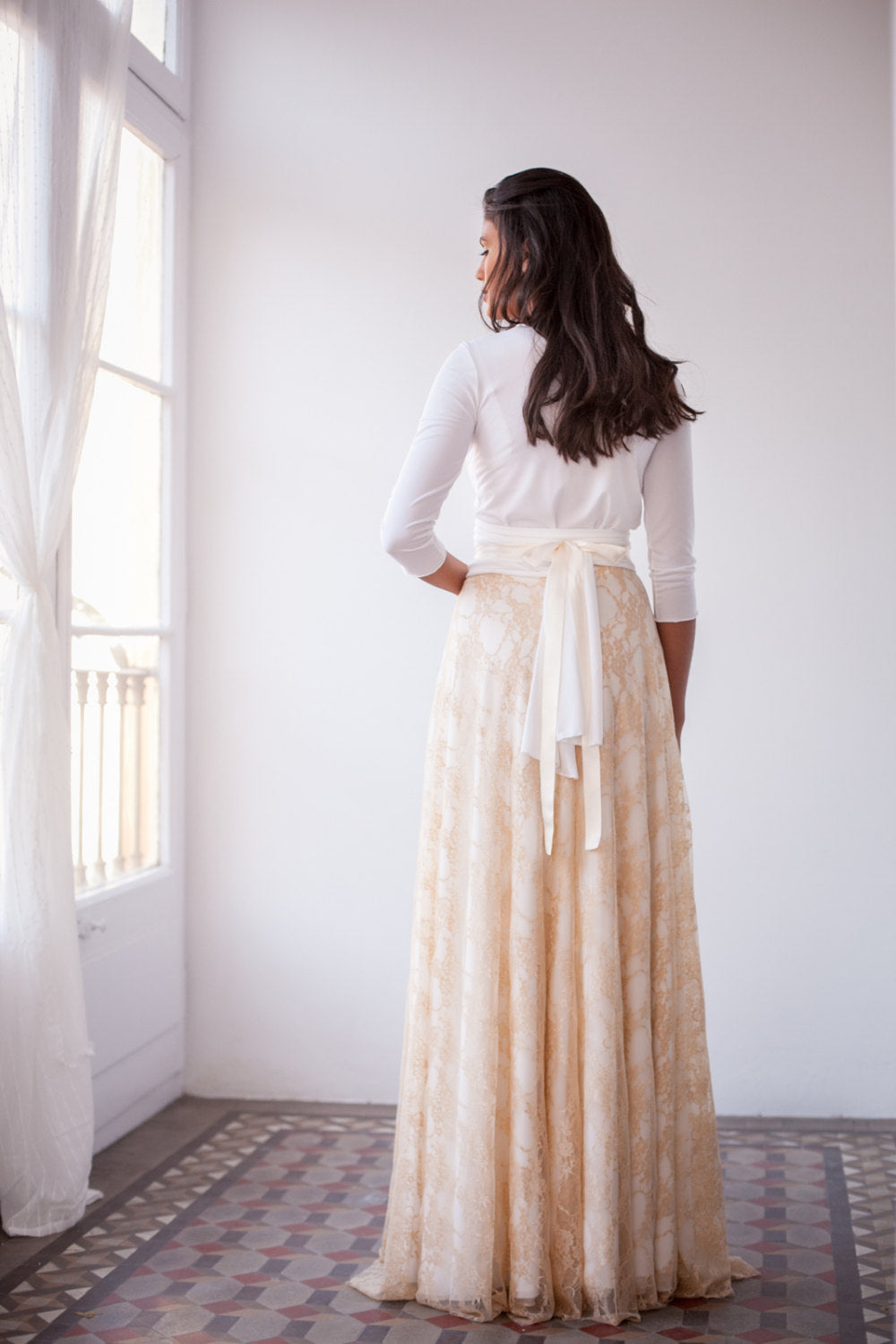 Romantic long sleeve wedding dress, golden lace wedding dress, bridal gown, lace gown, lace, nude lace wedding dress with sleeve