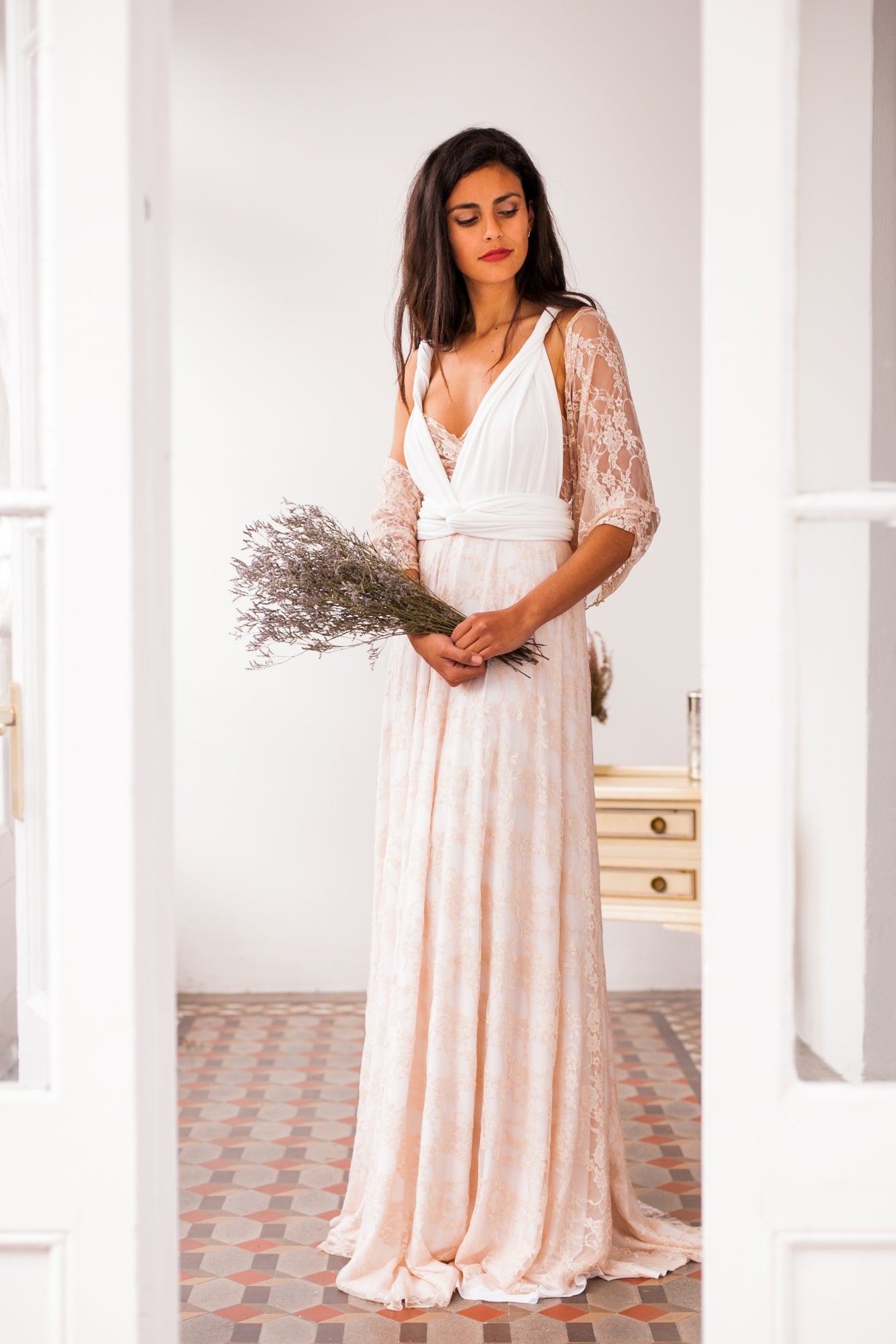 Rustic rose quartz wedding dress, rose gold lace wedding gown, lace bridal gown, pale pink wedding dress, beige pink lace weddin