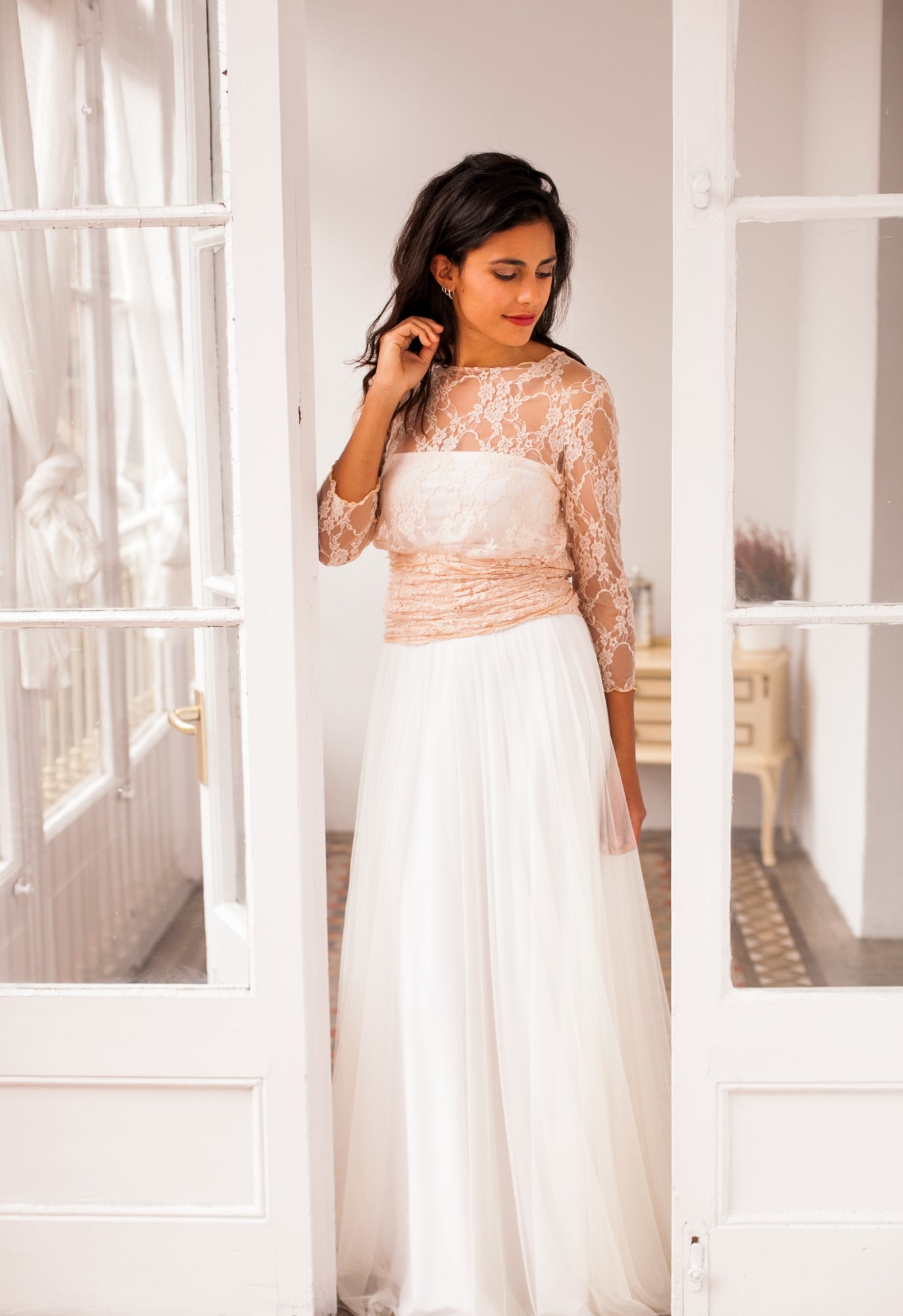 Rose quartz lace wedding dress, tulle and lace wedding dress, tulle dress, long sleeve lace wedding dress, blush pink bridal gow