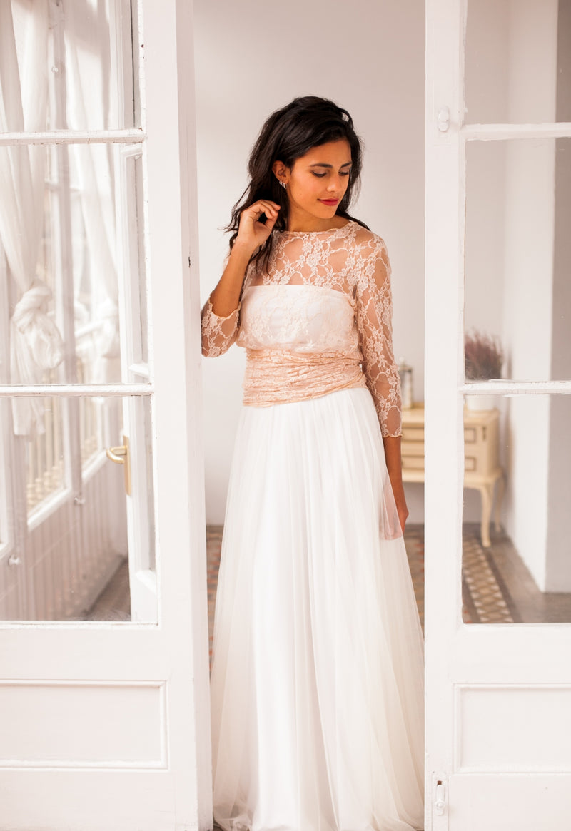 Rose quartz lace wedding dress, tulle and lace wedding dress, tulle dress, long sleeve lace wedding dress, blush pink bridal gow