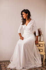 Swiss dot tulle skirt wedding gown with sleeves - Frida Rustic