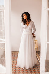 Swiss dot tulle skirt wedding gown with sleeves - Frida Rustic