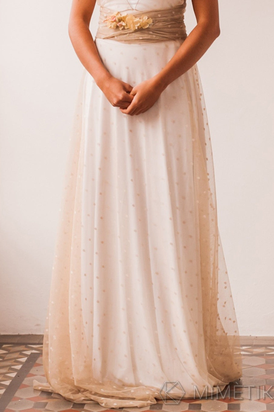 Long beige polka dot tulle skirt - Detachable tulle skirt