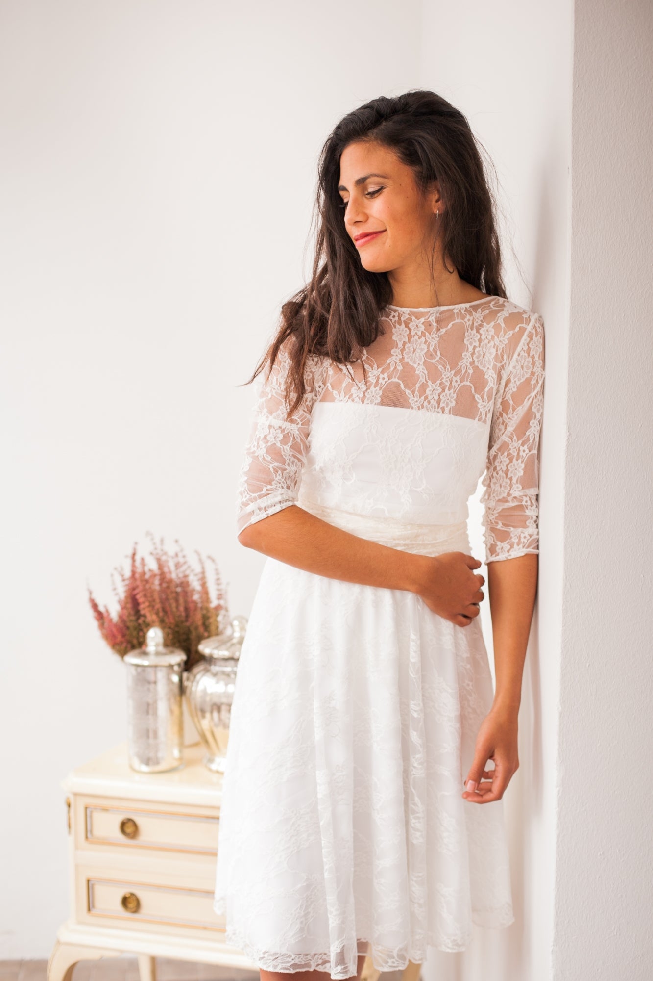 Long sleeve lace wedding dress, full lace wedding dress, short wedding dress, open back wedding dress, wrap dress, lace wedding