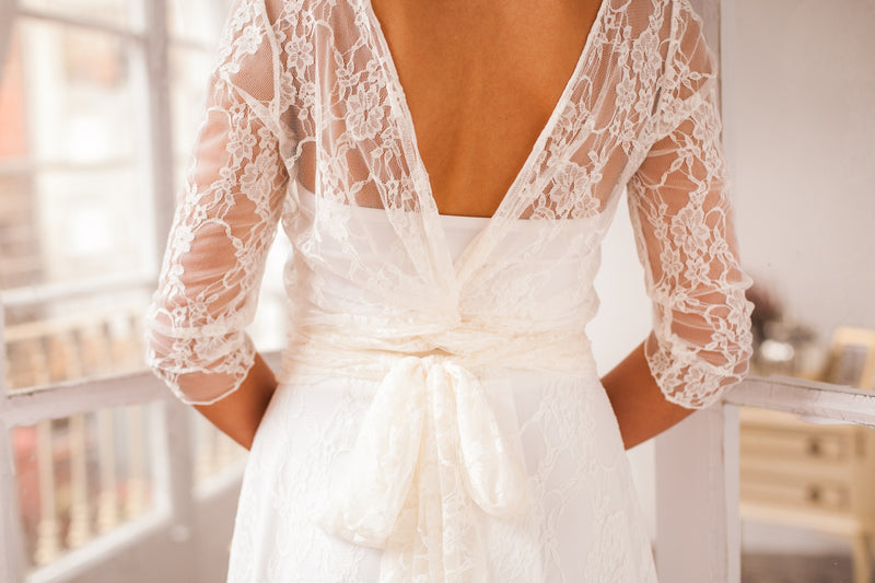 Long sleeve lace wedding dress, full lace wedding dress, short wedding dress, open back wedding dress, wrap dress, lace wedding