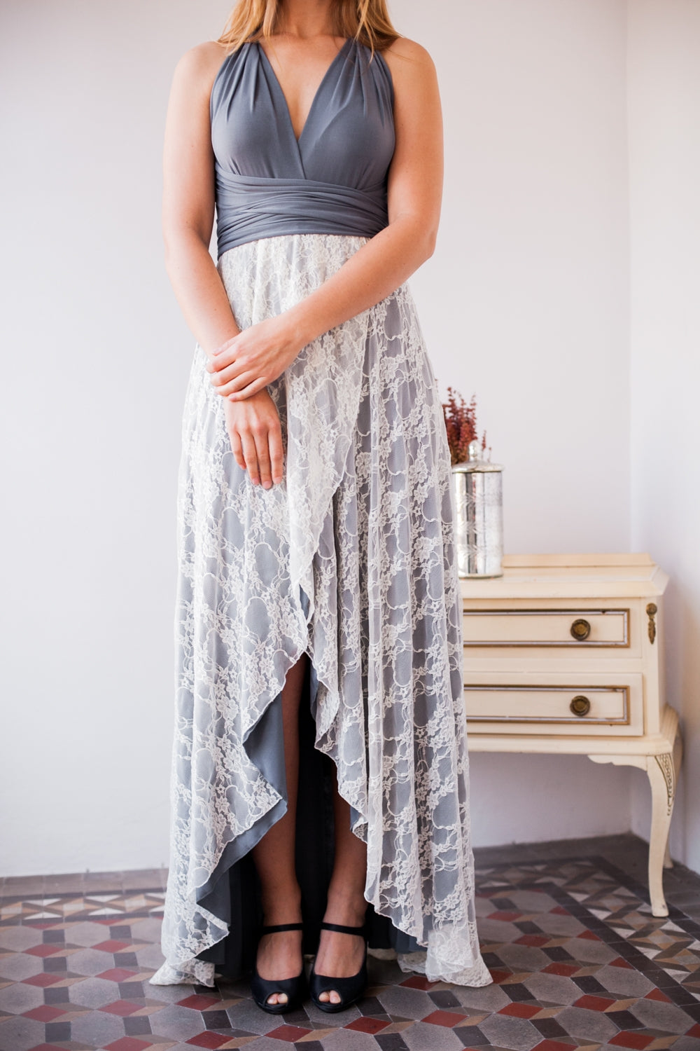 Grey high low bridesmaid dress discount