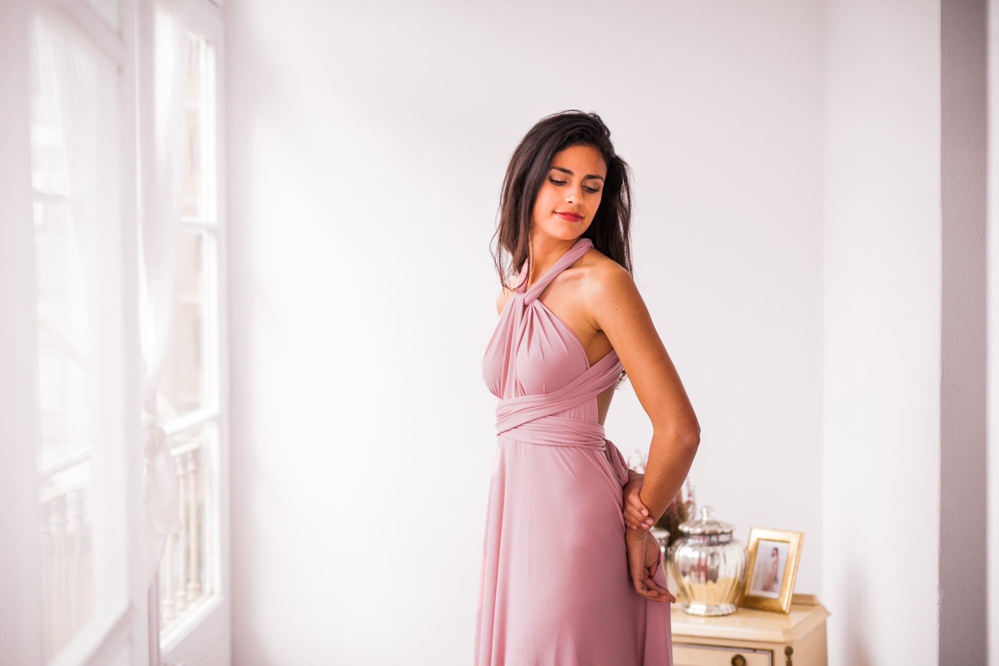 Powder pink dress, light pink short dress, powder pink short dress, light pink dress, knee length infinity dress, short bridesma