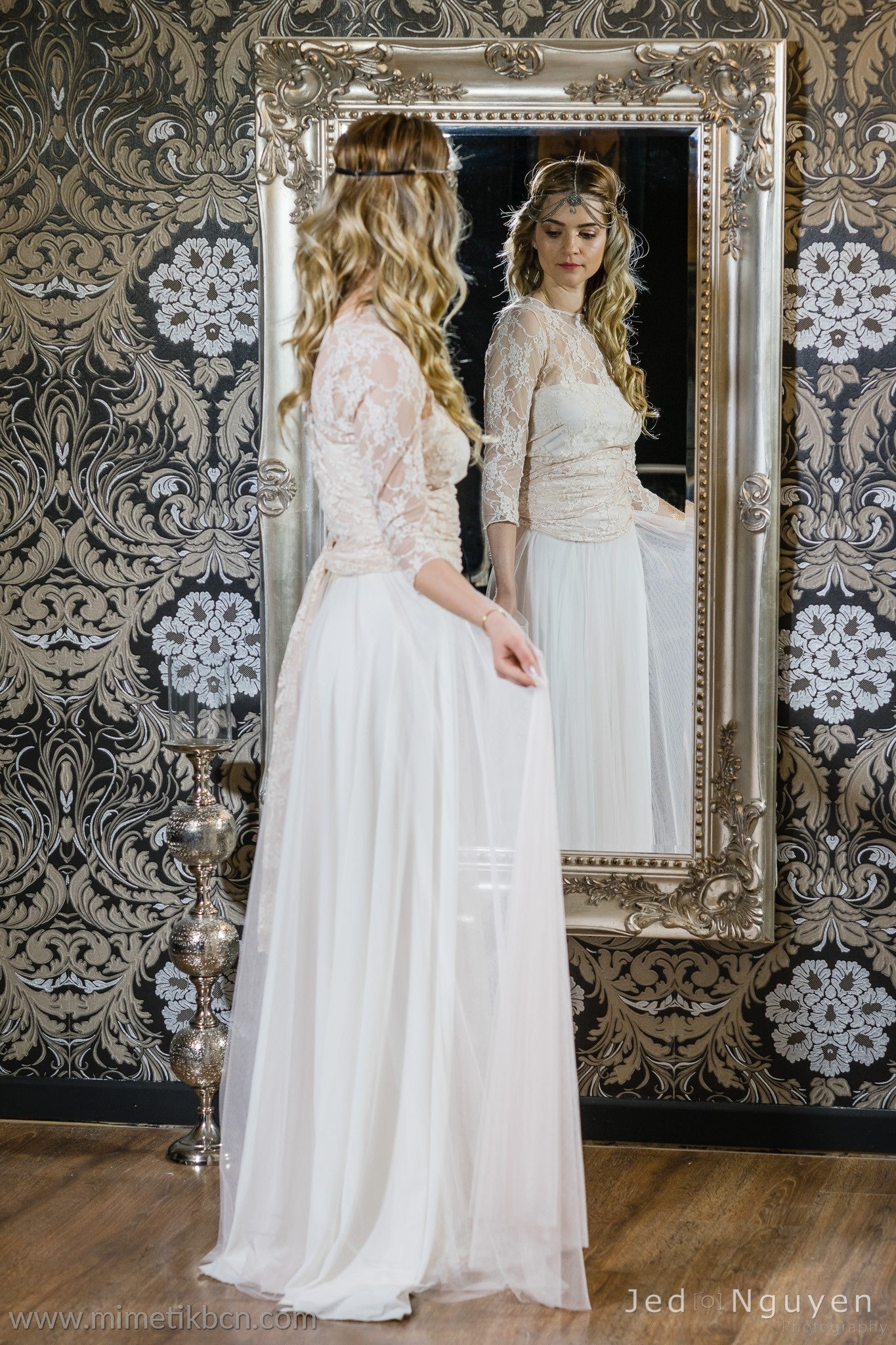 Rose quartz lace wedding dress, tulle and lace wedding dress, tulle dress, long sleeve lace wedding dress, blush pink bridal gow