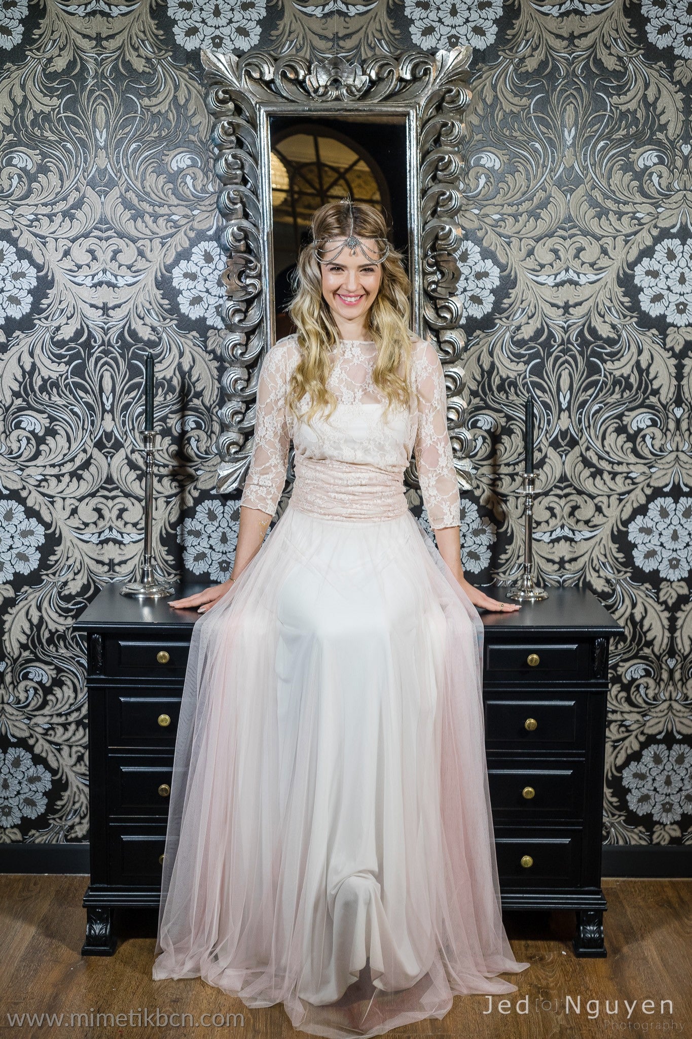 Rose quartz lace wedding dress, tulle and lace wedding dress, tulle dress, long sleeve lace wedding dress, blush pink bridal gow