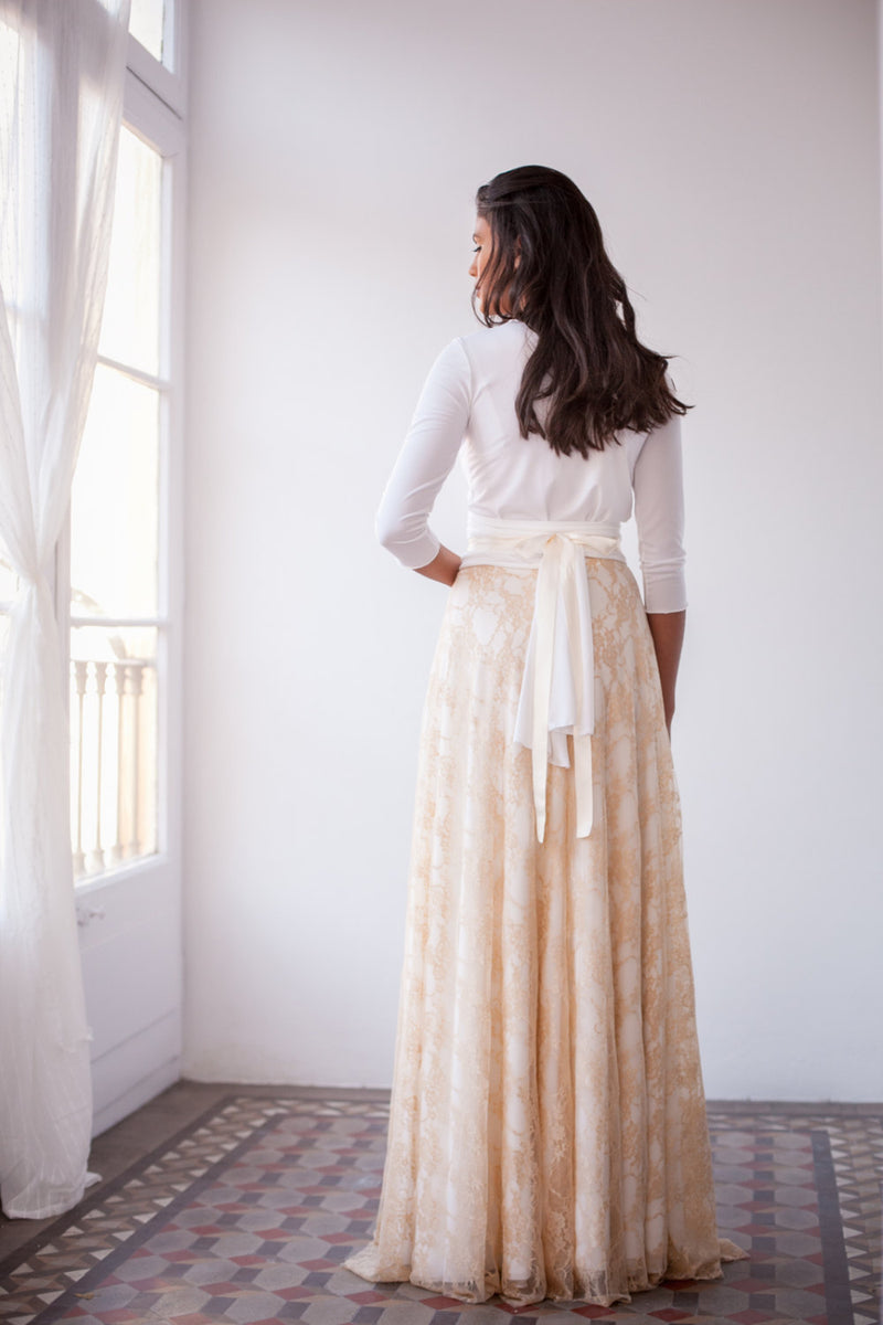 Vestido de novia encaje marfíl con manga tres cuarto - Frida Rustic