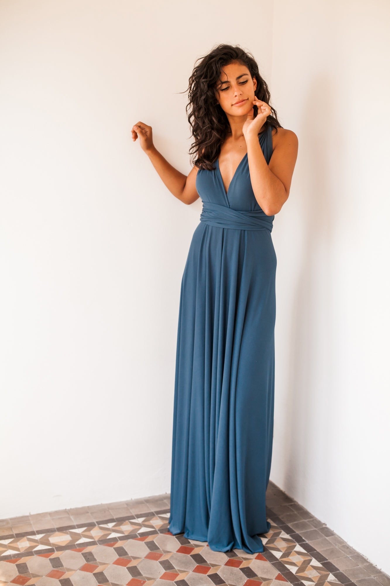 Riverside blue bridesmaid dress, long blue bridesmaid dress, stone blue infinity dress, long stone blue dress, riverside bridema