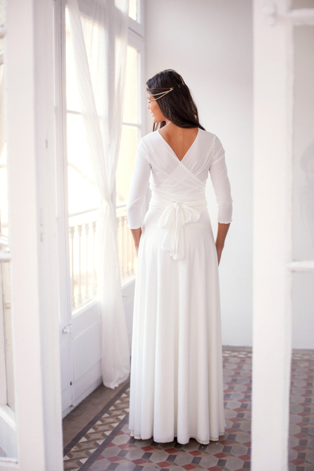 Long sleeved wedding dress, ivory white bridal gown with 3/4 sleeve, white wrap dress, convertible wedding dress, wedding dress
