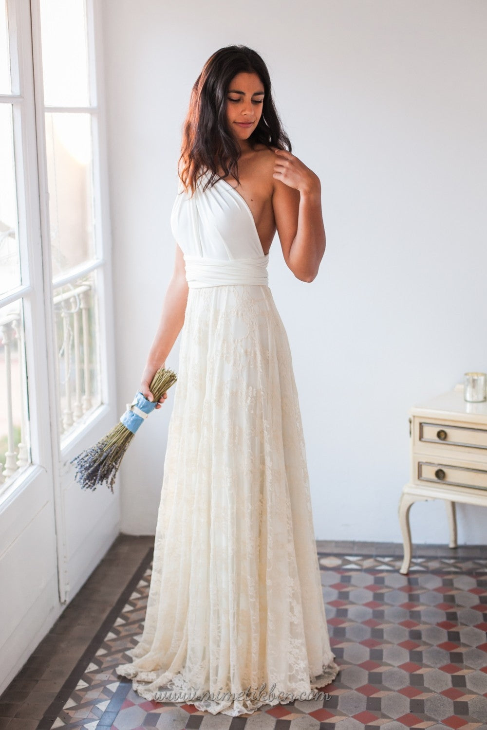 Bohemian wedding dress lace, boho wedding dress, casual bridal gown, champagne lace wedding dress, beach wedding, white dress wi