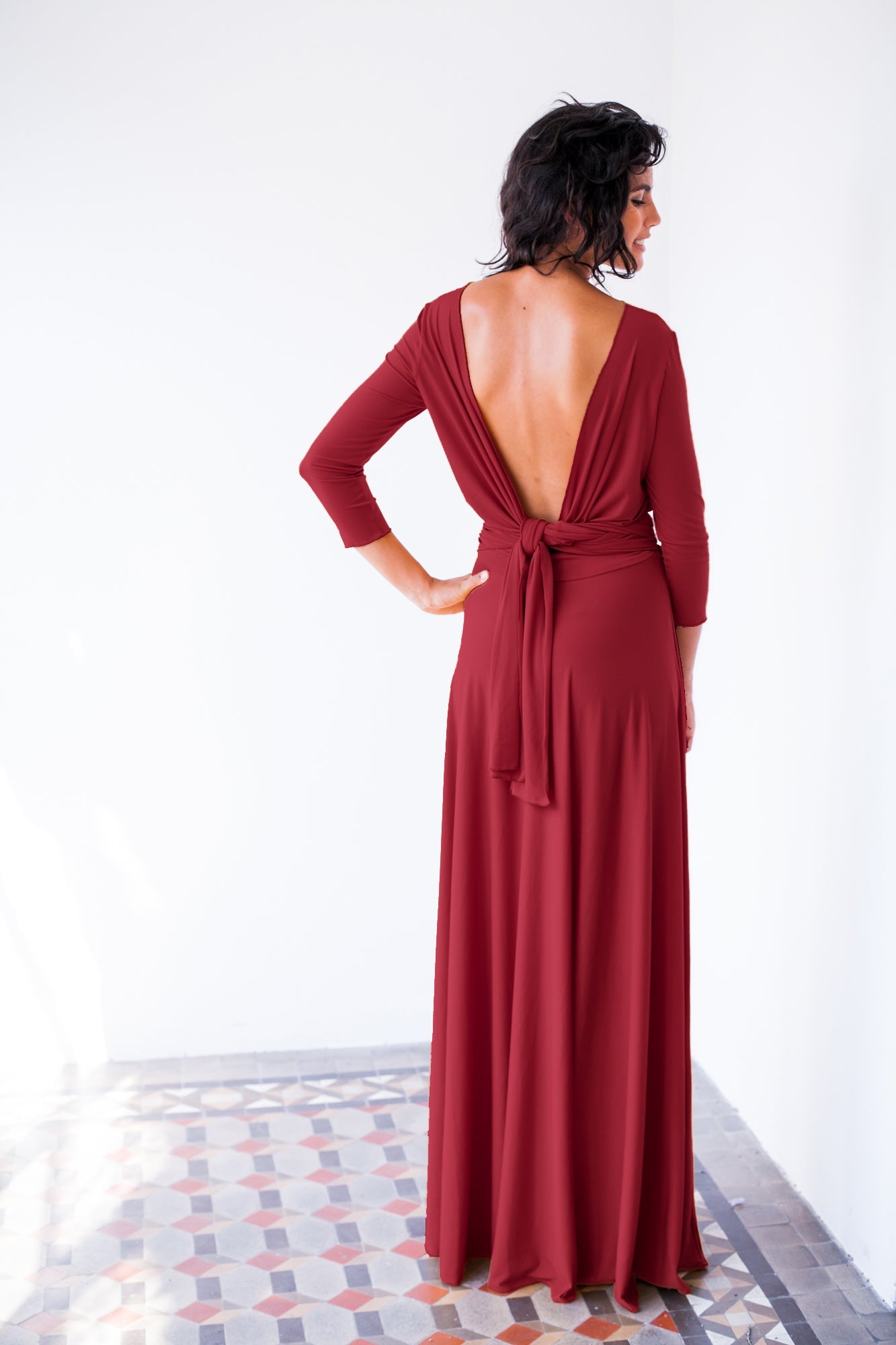 Elegante vestido Rojo manga larga, maxi vestido granate, vestido de manga larga wrap dress, damas de honor borgoña, vestido conv