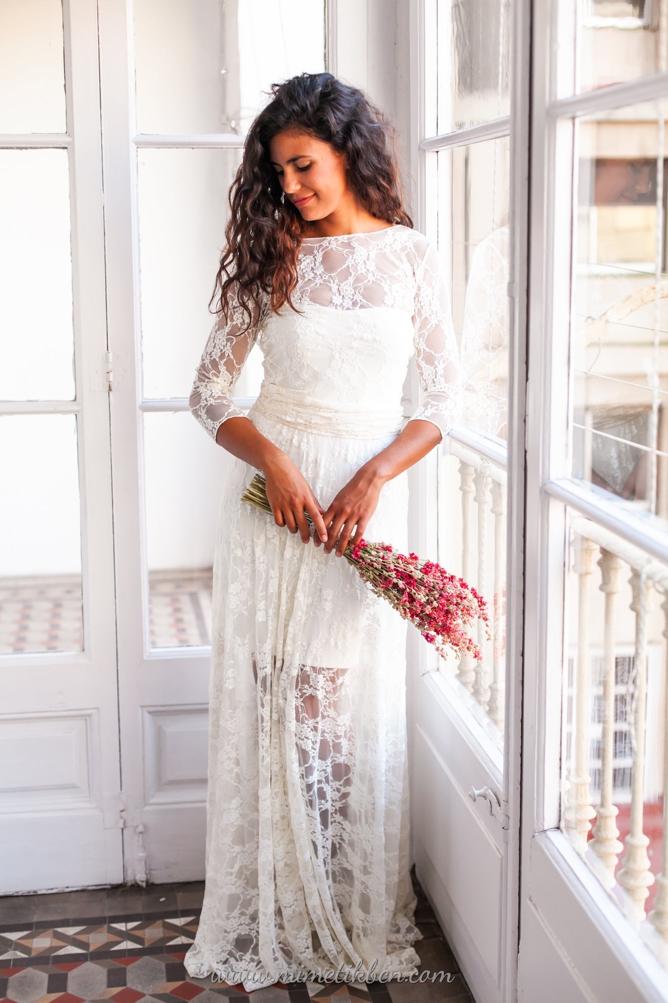 Lace illusion wedding dress with sleeves