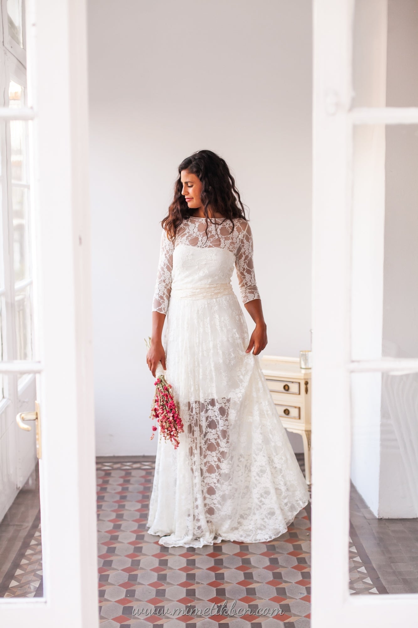Lace illusion wedding dress with sleeves