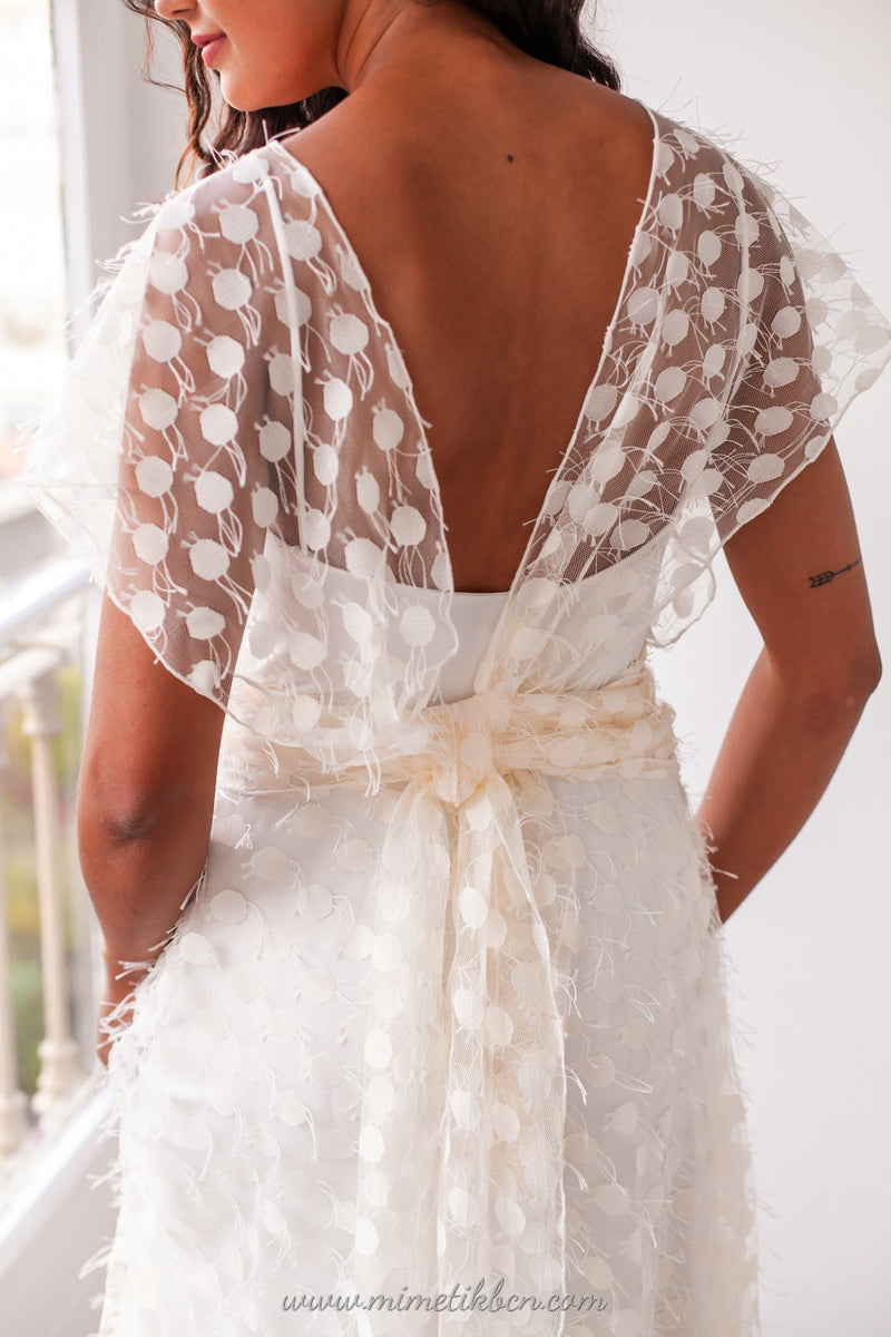 Vestido de novia plumetti lunares marfil flecos
