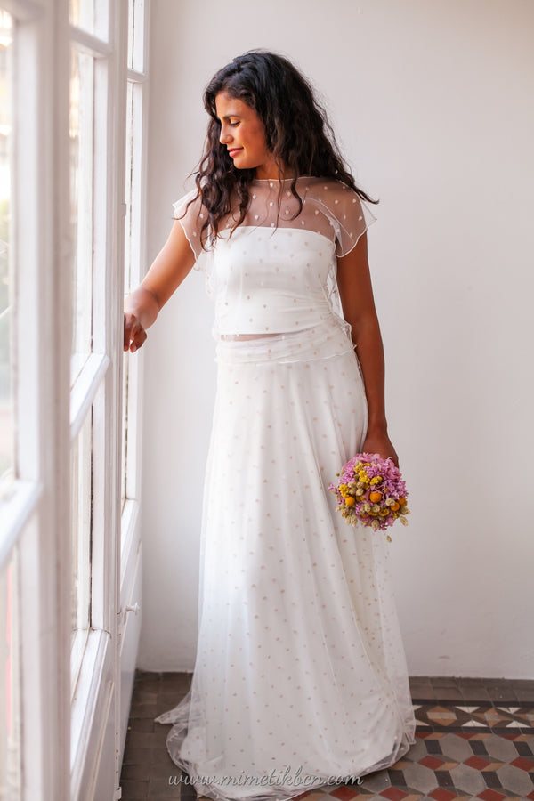 Traje de novia sin manga con lunares rosas - Frida Sleeveless Bohemian