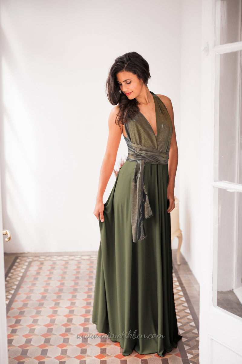 Vestido brillante para invitada color oliva - Gala Limited edition Largo