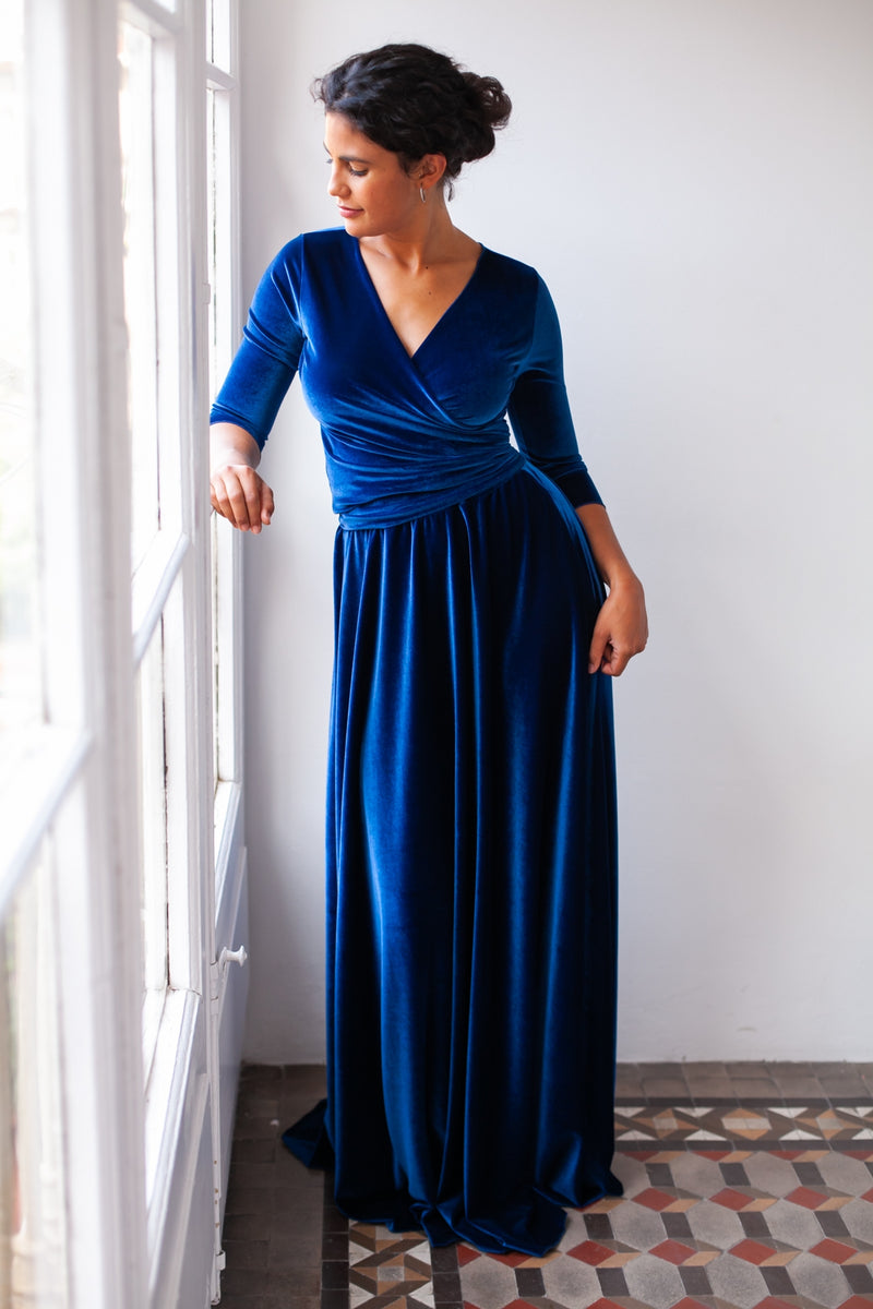 Convertible long sleeve blue velvet wrap dress – Frida Velvet
