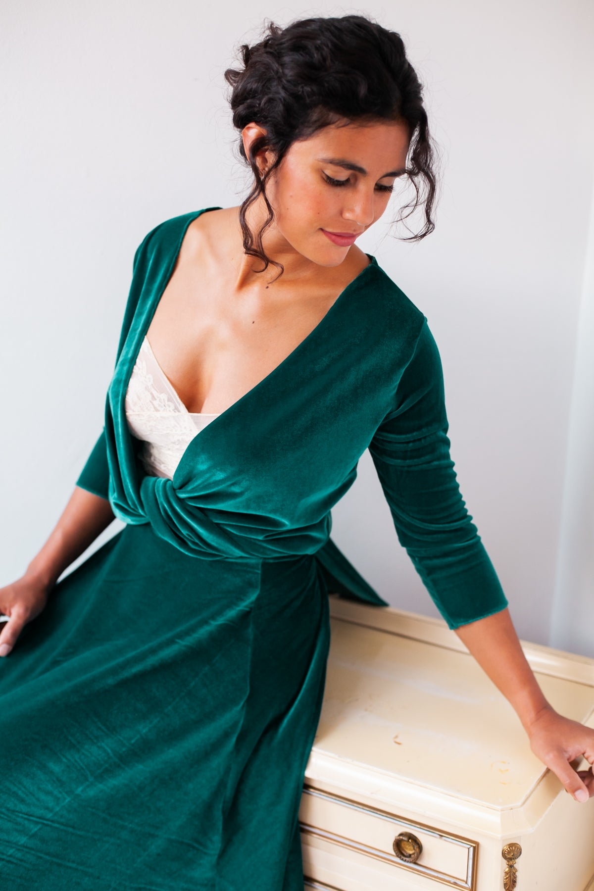 Convertible long sleeve blue velvet wrap dress – Frida Velvet
