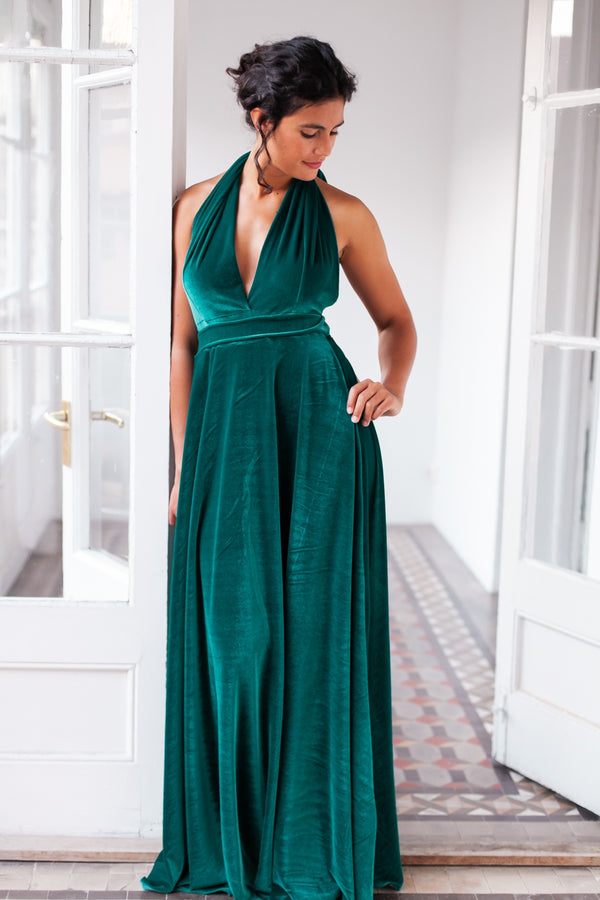 Vestido largo sencillo y elegante de terciopelo verde oscuro esmeralda - Gala Velvet