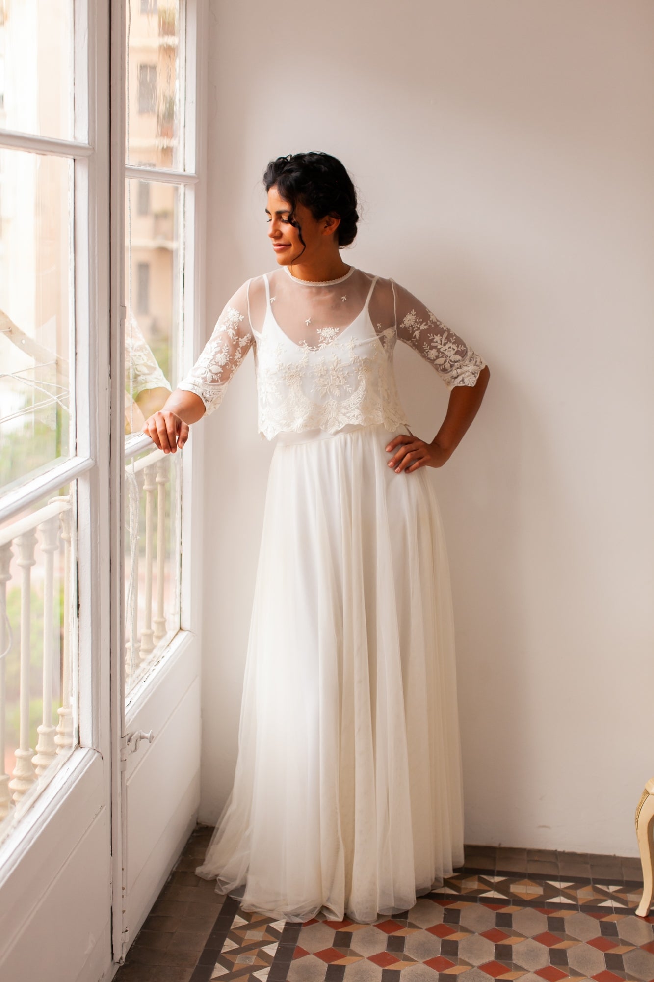 Crop top de novia de tul bordado - Jane Crop top