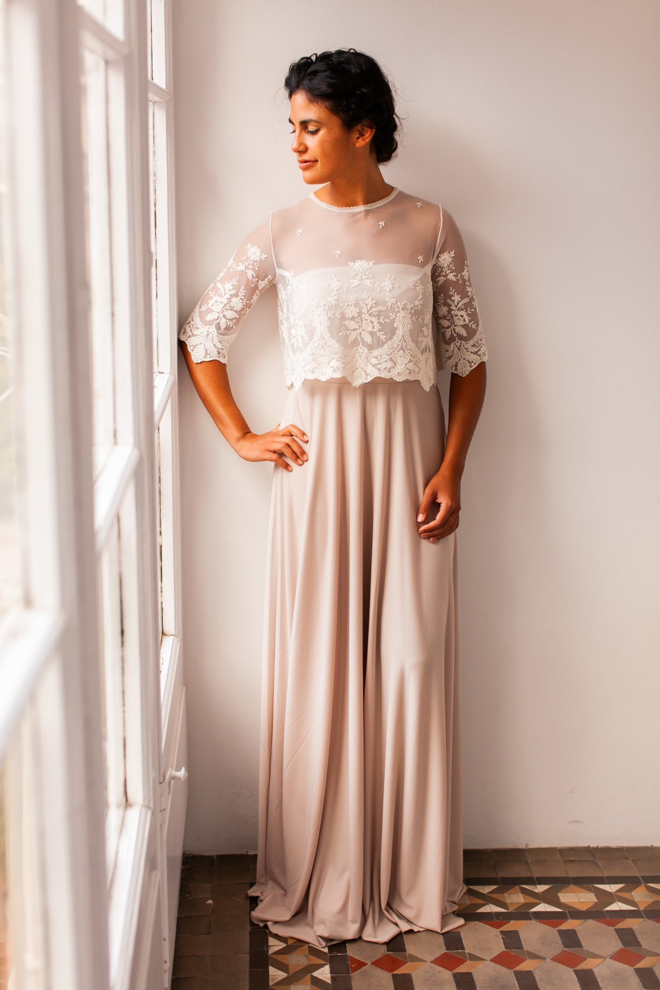 Vestido de novia champagne de tul bordado - Jane Romantic
