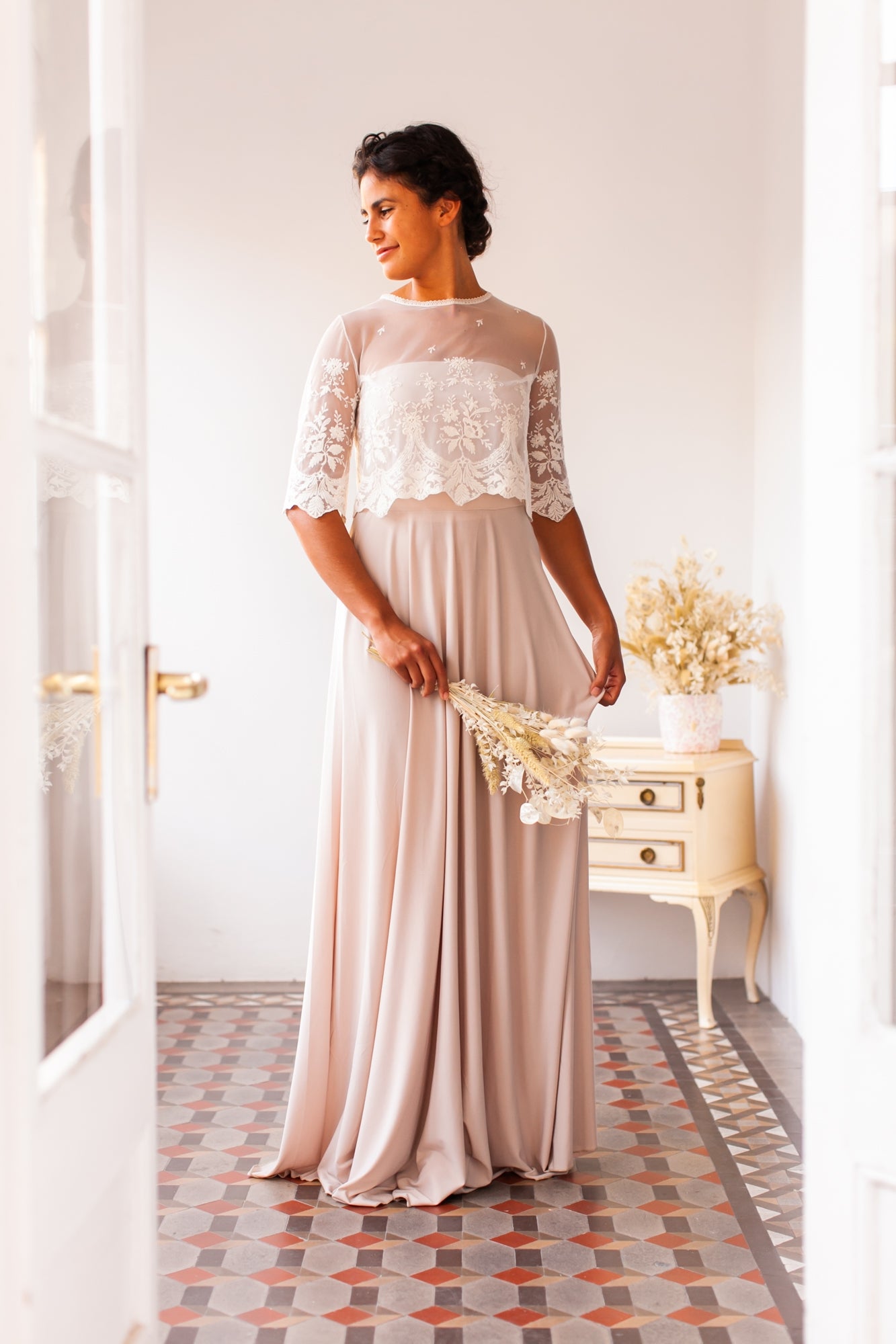 Vestido de novia champagne de tul bordado - Jane Romantic