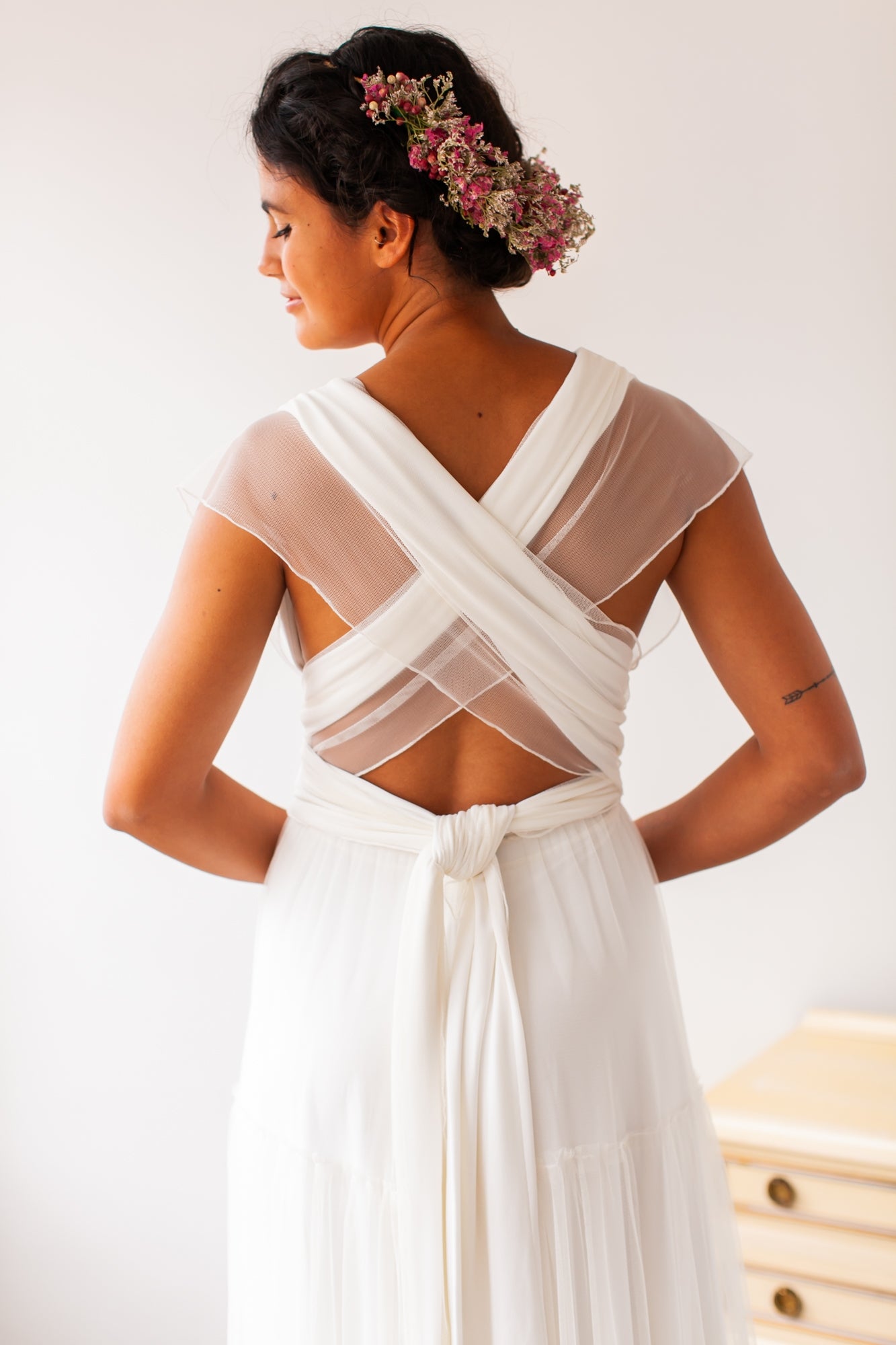 Vestido de novia con falda de tul escalonada para verano - Gala Vintage