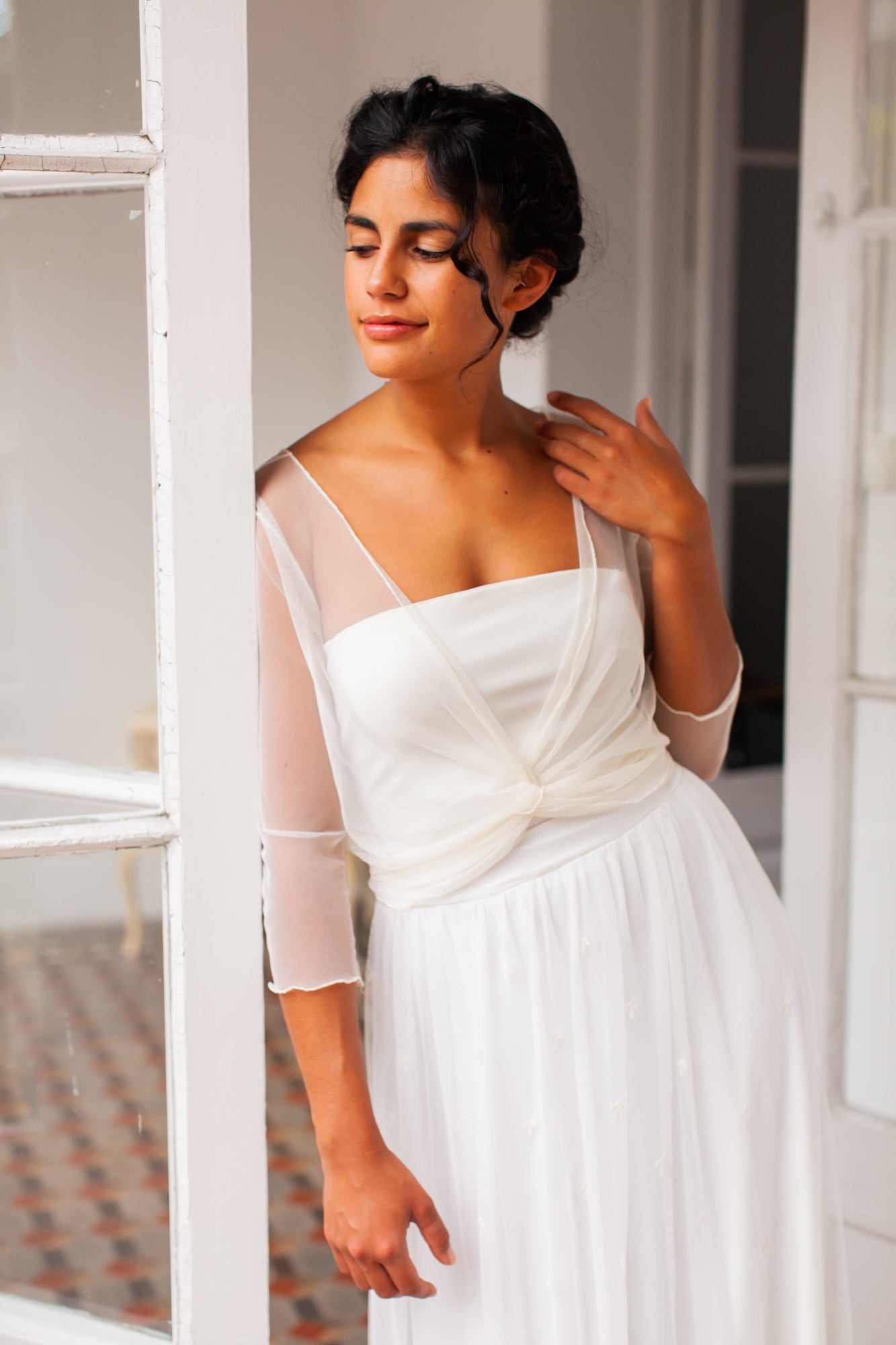 Chaqueta de novia multiposición de suave tul marfil - Frida Tul Bolero