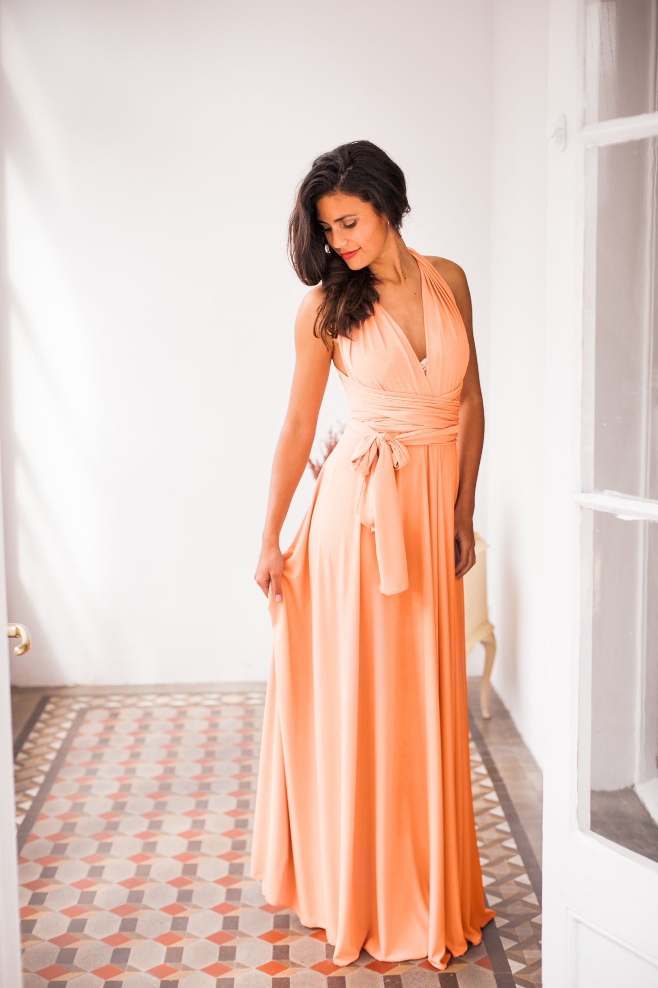 Peach bridesmaid dress, long peach dress, infinity long dress, romantic light peach pink dress, nude maxi dress, event dress, co